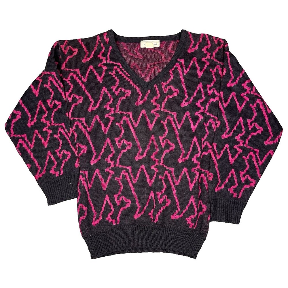 VTG F L Limited Women M Black Pink Abstract V Neck Acrylic Knit Pullover Sweater